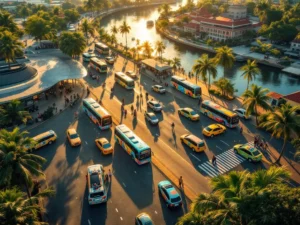 Luchtfoto van kleurrijke bussen en taxi's op Surinaamse straat met busterminal, palmbomen en rivier op achtergrond
