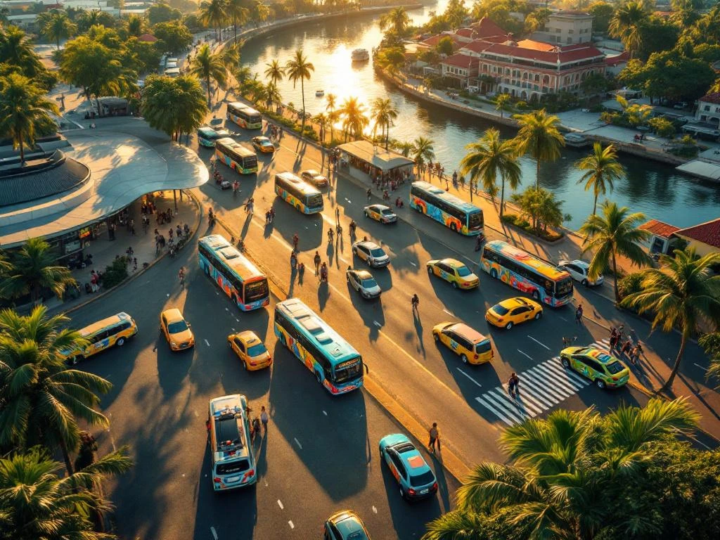 Luchtfoto van kleurrijke bussen en taxi's op Surinaamse straat met busterminal, palmbomen en rivier op achtergrond