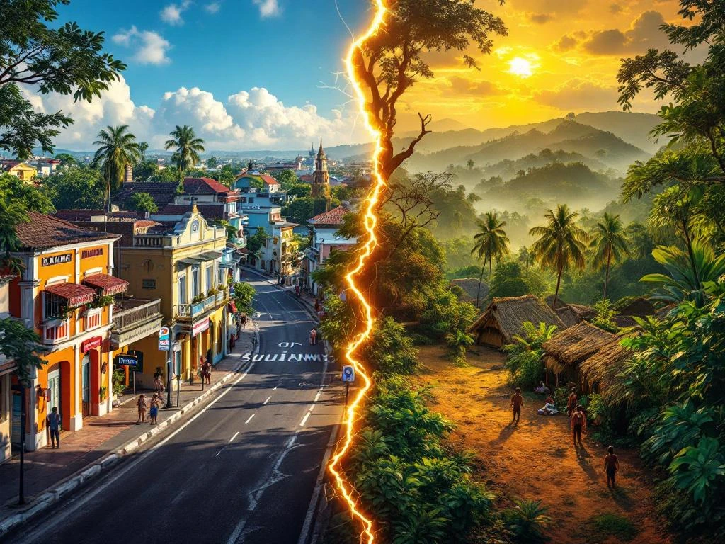 Gesplitst scherm van Paramaribo's koloniale architectuur links en Suriname's regenwoud met inheemse dorpen rechts