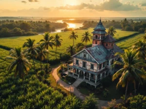 Luchtfoto van historisch koloniaal plantage-huis omringd door suikerrietvelden en palmbomen in Suriname