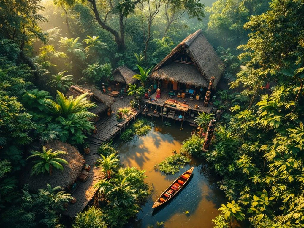 Luchtfoto van inheems regenwouddorp in Suriname met traditionele hutten, totempalen en rivier