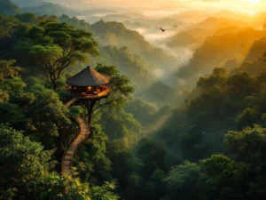 Luchtfoto van Surinaams regenwoud met eco-lodge tussen bomen tijdens gouden uur, mistige lagen en vliegende vogels