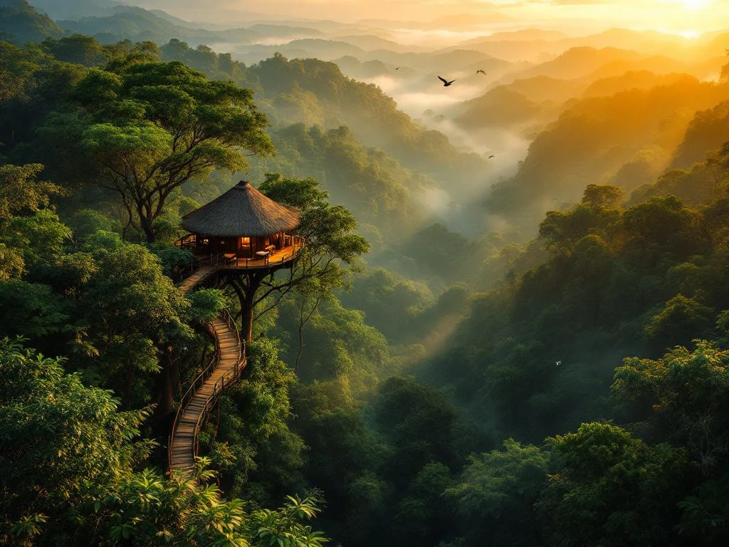 Luchtfoto van Surinaams regenwoud met eco-lodge tussen bomen tijdens gouden uur, mistige lagen en vliegende vogels