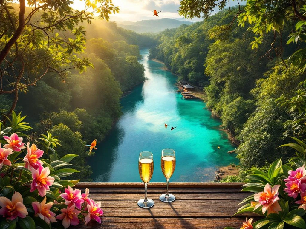 Luchtfoto van Suriname regenwoud met eco-lodge, turquoise rivier en champagneglazen op houten terras bij zonsondergang