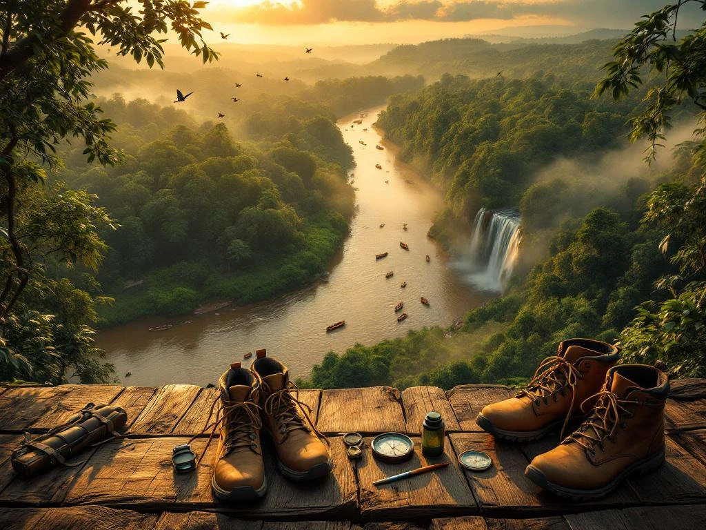 Luchtfoto van Suriname's regenwoud met rivier, avontuuruitrusting op voorgrond en kano's beneden bij zonsopgang