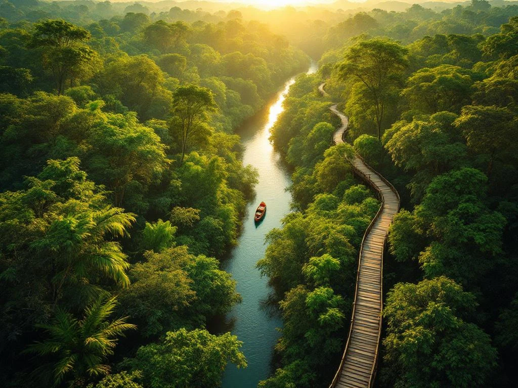 Luchtfoto van Suriname regenwoud met houten looppad, kronkelende rivier en traditionele boot bij gouden zonsondergang