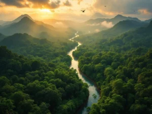 Luchtfoto van Suriname's Centraal Natuurreservaat met dichte regenwoudkronen, kronkelende rivieren en bergen op achtergrond