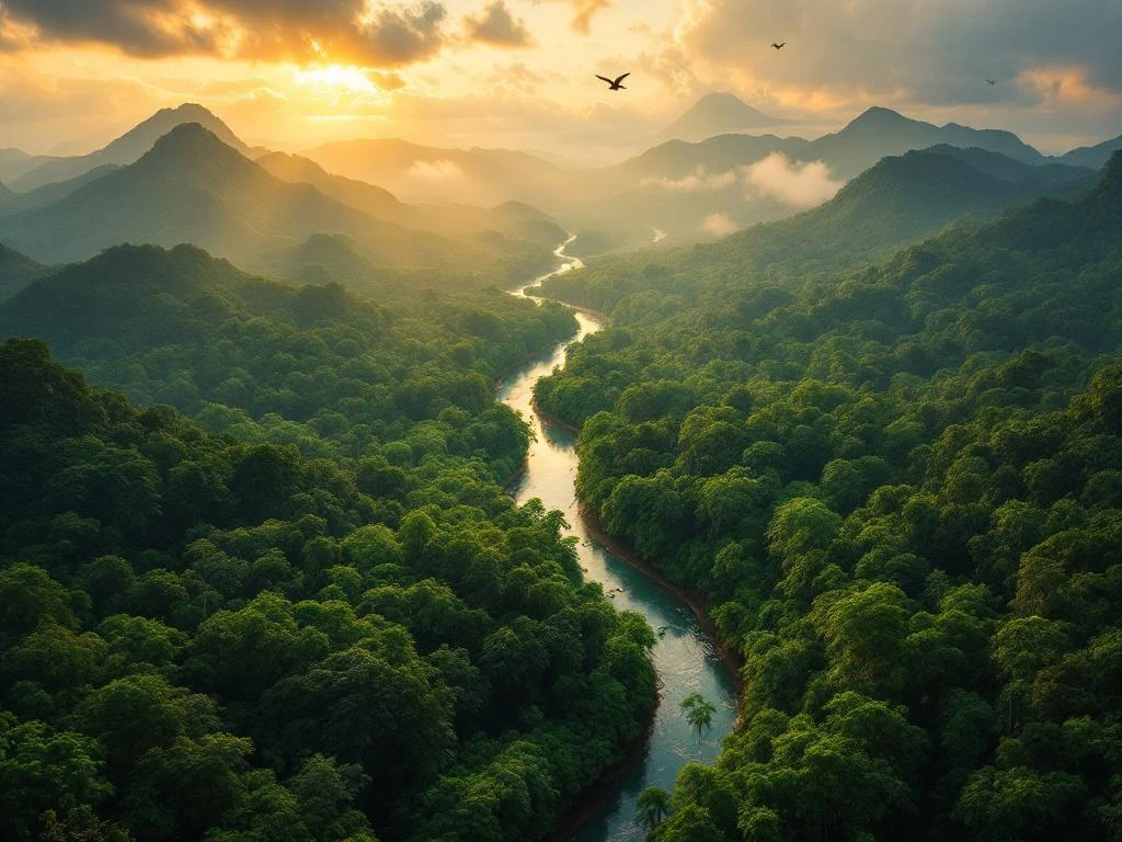 Luchtfoto van Suriname's Centraal Natuurreservaat met dichte regenwoudkronen, kronkelende rivieren en bergen op achtergrond