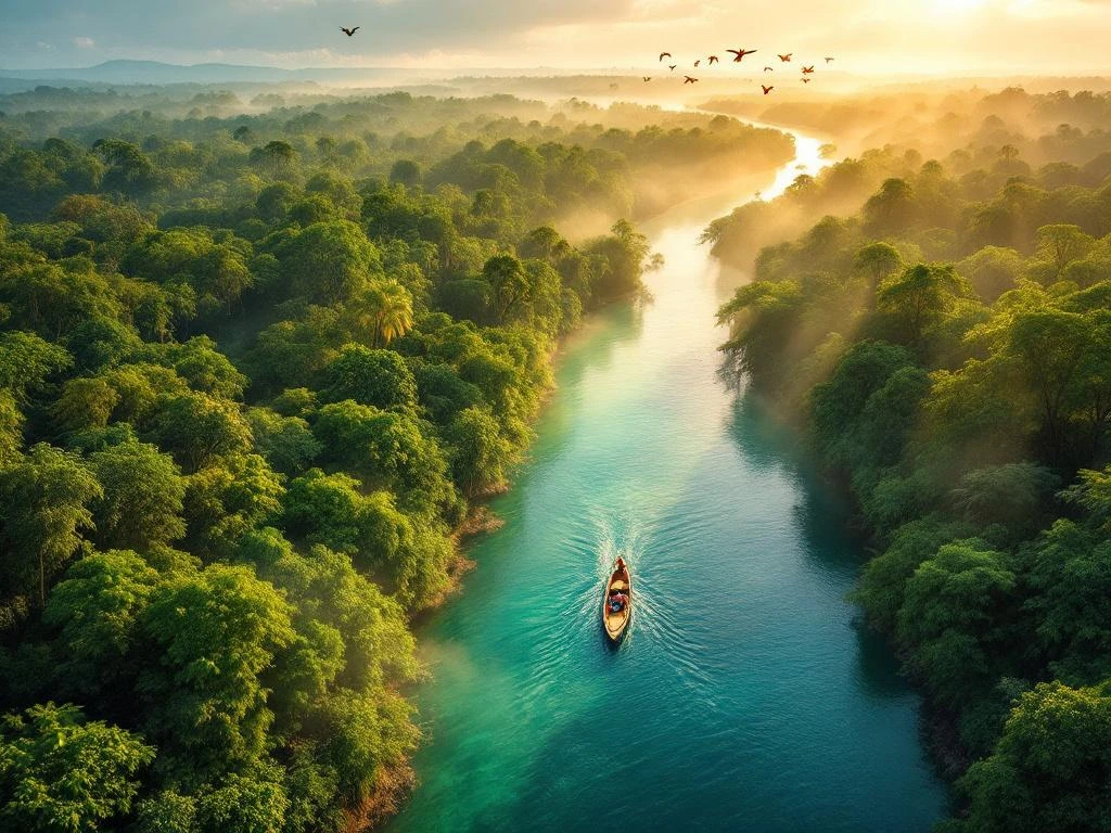 Luchtfoto van Suriname's regenwoud met rivier, traditionele boot en exotische vogels in ochtendlicht
