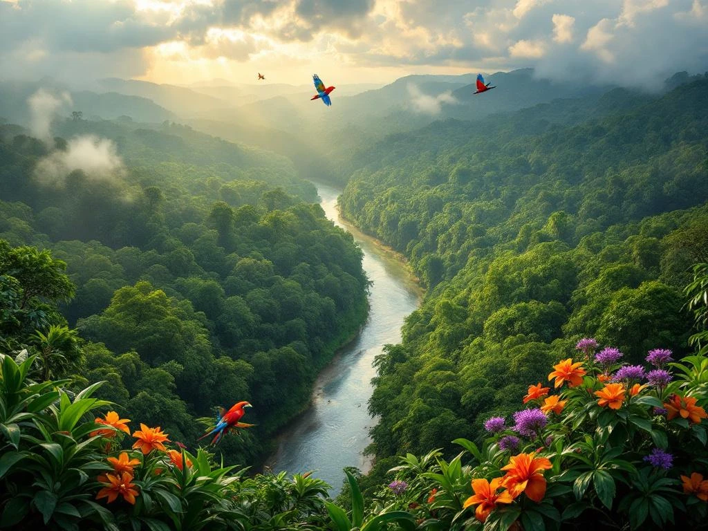Luchtfoto van Suriname's ongerepte regenwoud met kronendak, kronkelende rivier en kleurrijke tropische vogels