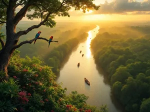 Luchtfoto van Suriname's regenwoud met gouden rivier, exotische vogels en traditionele boten in gouden zonlicht