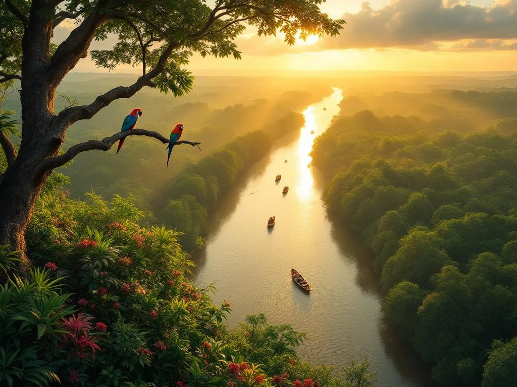 Luchtfoto van Suriname's regenwoud met gouden rivier, exotische vogels en traditionele boten in gouden zonlicht