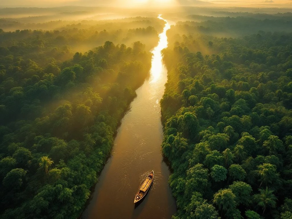 Luchtfoto van Suriname's regenwoud met rivier en traditionele boot in ochtendlicht