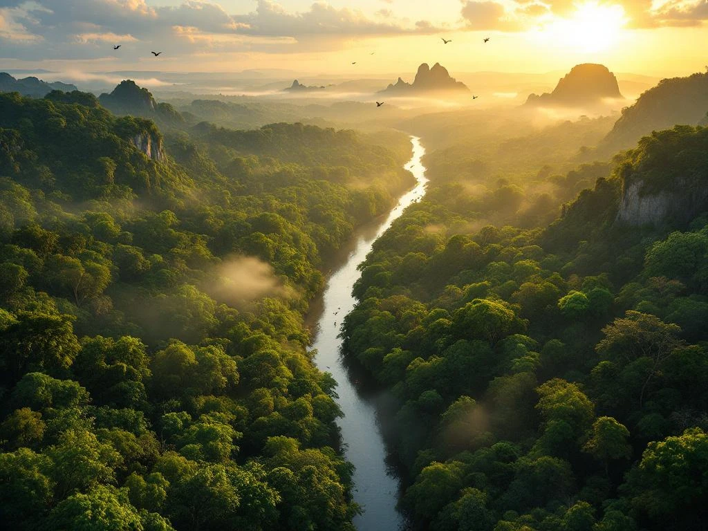 Luchtfoto van Suriname's regenwoud met kronendak, kronkelende rivier en granietformaties in gouden ochtendlicht