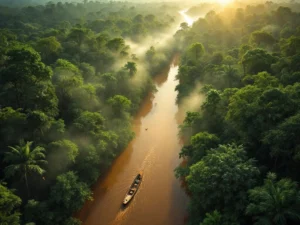 Luchtfoto van Suriname's regenwoud met rivier, kano en mistige boomtoppen in ochtendlicht