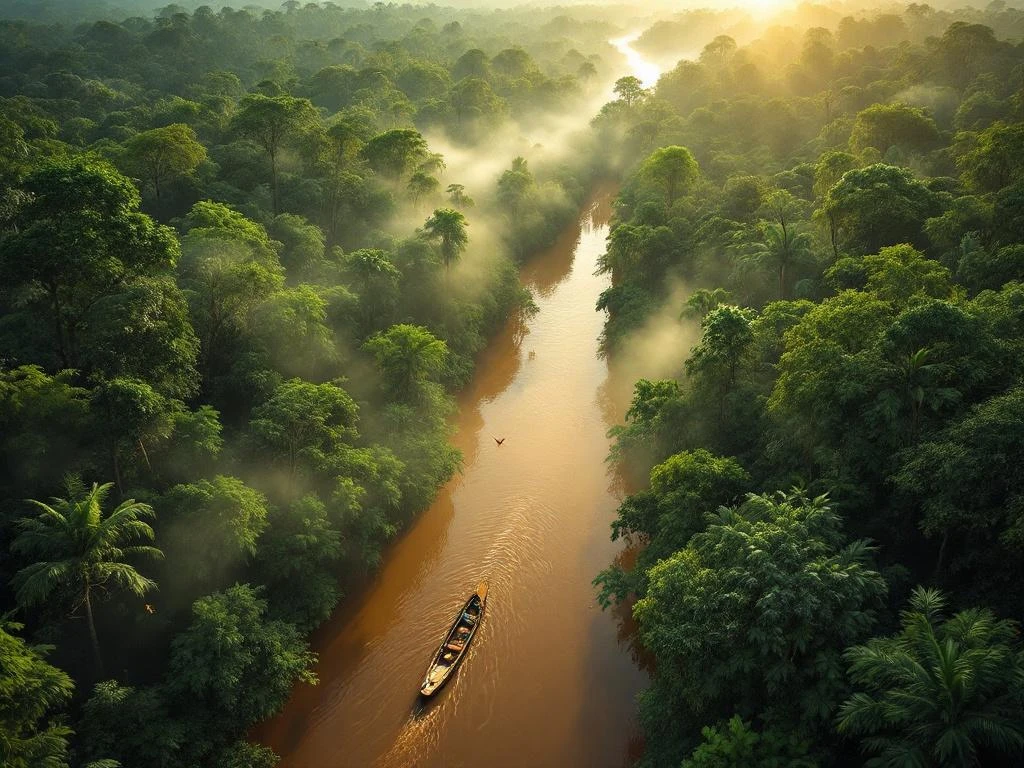 Luchtfoto van Suriname's regenwoud met rivier, kano en mistige boomtoppen in ochtendlicht