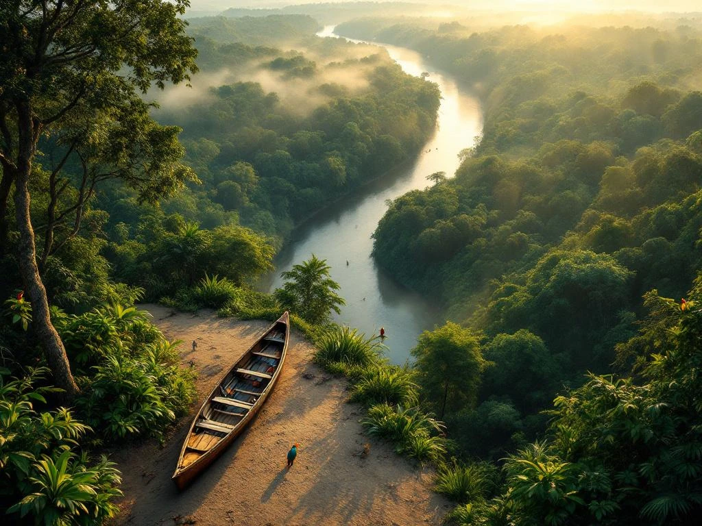 Luchtfoto van Suriname regenwoud met rivier, houten kano op oever en tropische vogels in gouden zonlicht