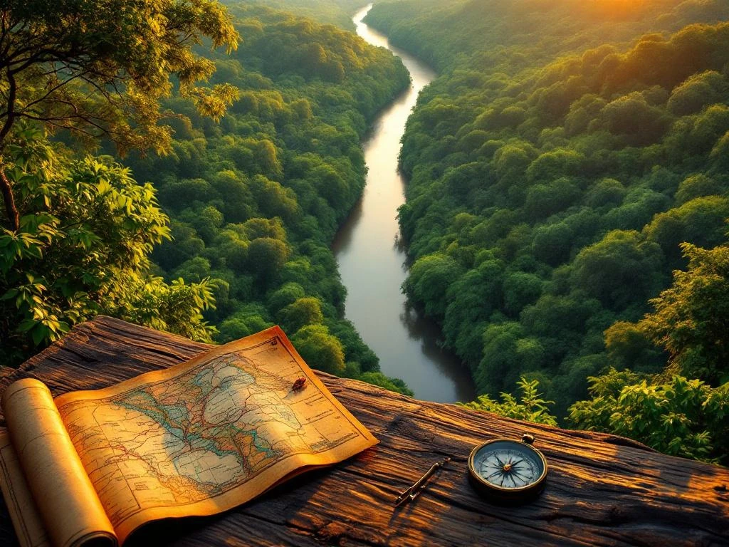 Luchtfoto van Suriname's regenwoud met rivier, kompas en kaart op houten tafel voor reisplanning