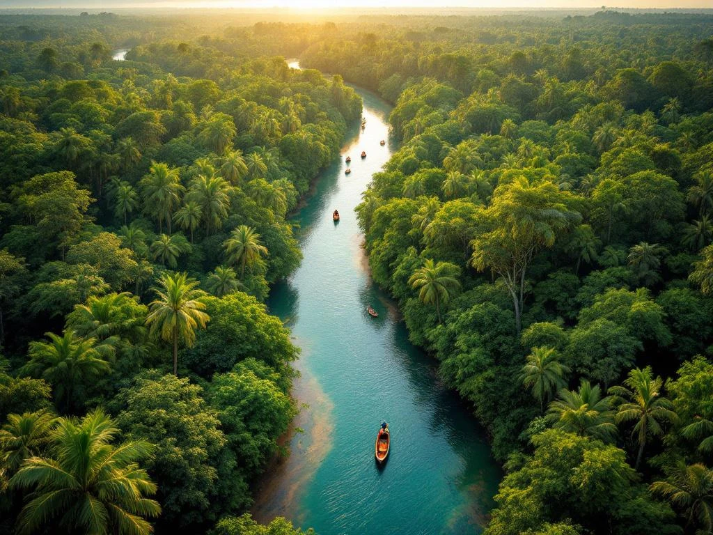 Luchtfoto van Suriname regenwoud met rivier, kapokbomen, traditionele boten en kleurrijke toekanvogels