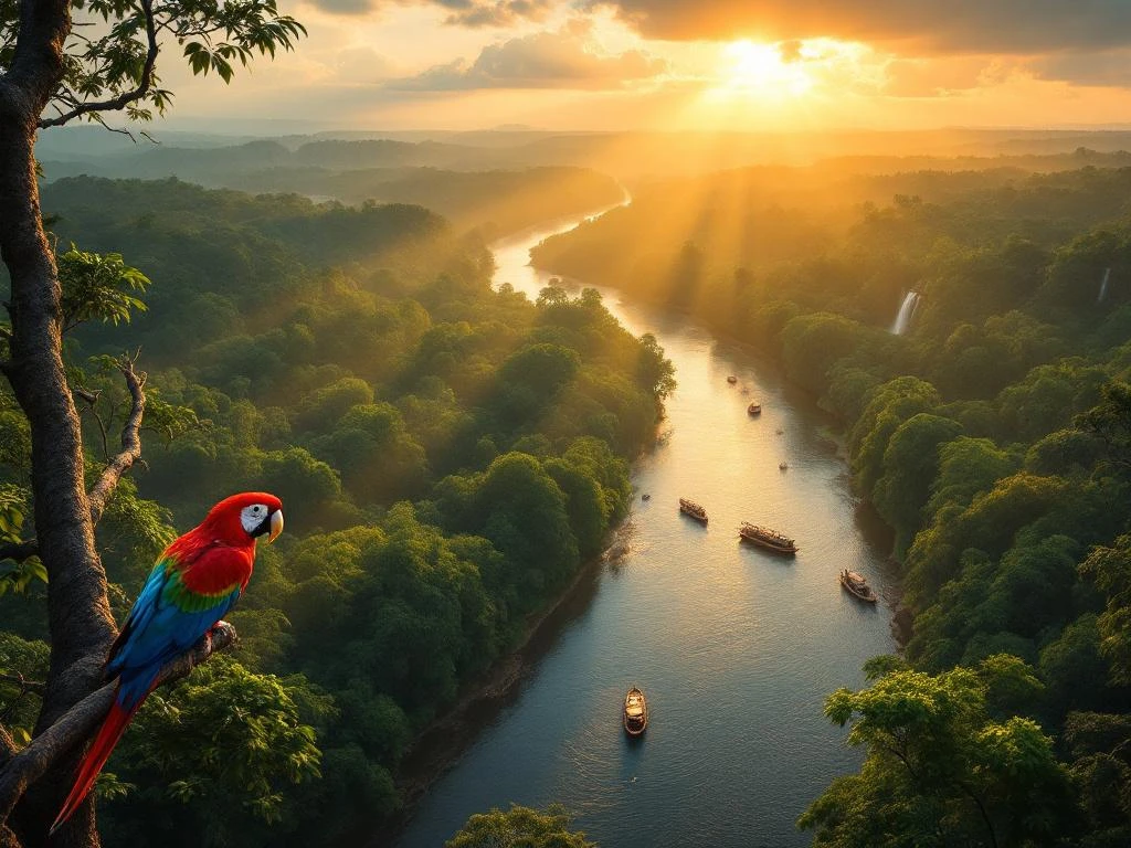 Luchtfoto van Suriname regenwoud met rivier, tropische vogels en watervallen in gouden zonlicht