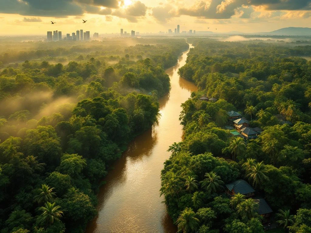 Luchtfoto van Suriname regenwoud met Suriname rivier, traditionele huizen op palen en Paramaribo skyline in de verte