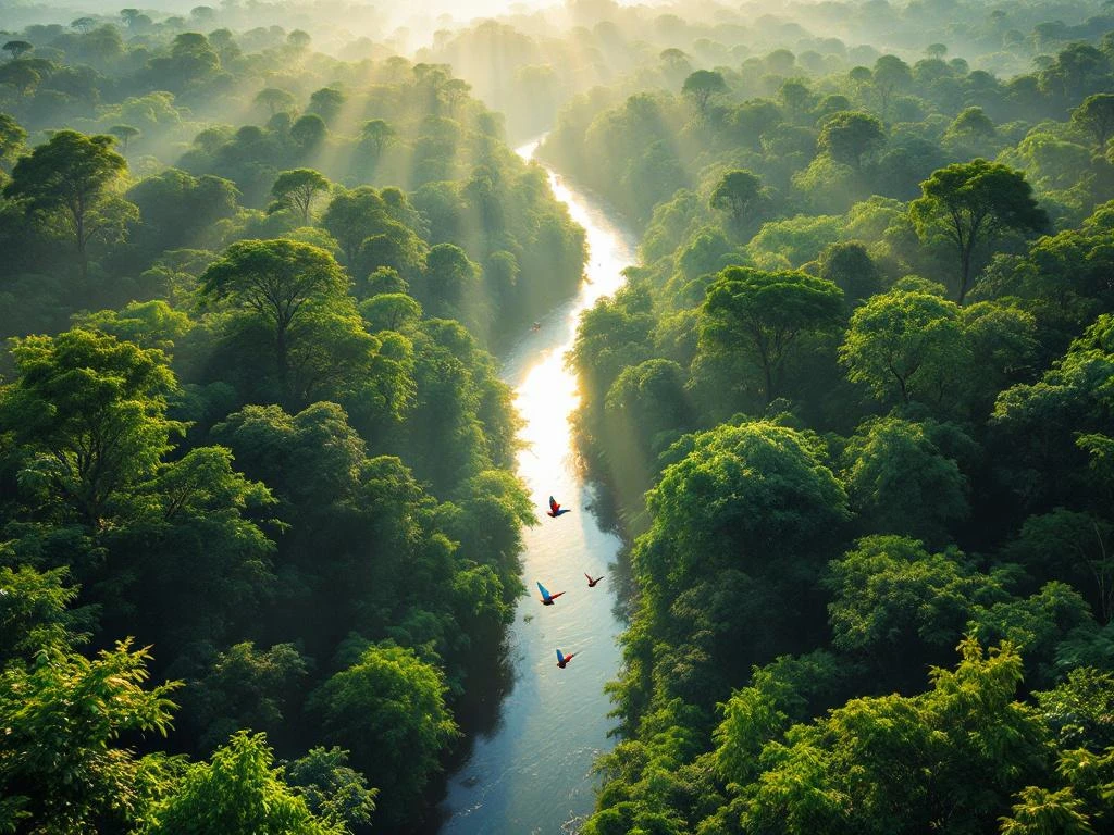 Luchtfoto van Suriname's regenwoud met rivier en kleurrijke tropische vogels boven groene boomtoppen