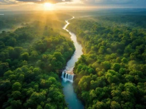 Luchtfoto van Suriname's regenwoud met rivier, waterval en exotische vogels in gouden ochtendlicht