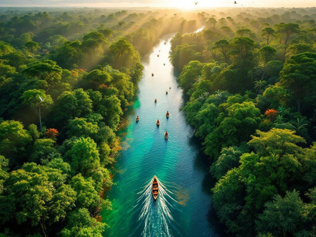 Luchtfoto van Suriname regenwoud met gouden rivier, traditionele boten en exotische vogels in gouden uurtje licht