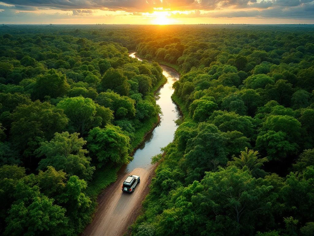 Luchtfoto van Suriname's regenwoud met kronkelende rivier en safari-voertuig op zandweg tijdens gouden uur