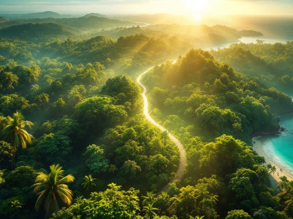 Luchtfoto van Suriname's regenwoud met kustlijn en moderne kompas die veilige route door jungle aanwijst