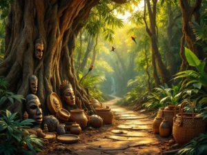 Surinaamse regenwoud met traditionele Marron houten maskers, ceremoniële drums en manden tussen mahonie bomen en tropische vogels