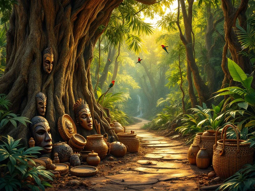 Surinaamse regenwoud met traditionele Marron houten maskers, ceremoniële drums en manden tussen mahonie bomen en tropische vogels