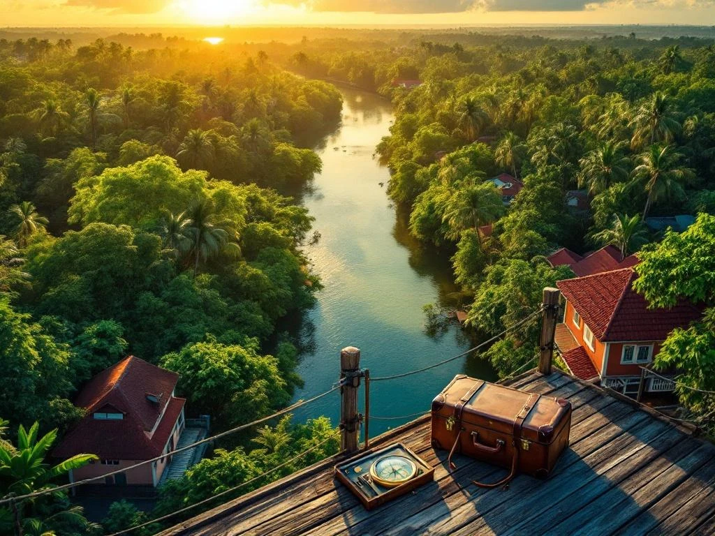 Luchtfoto van Paramaribo's UNESCO-erfgoed met regenwoud, Suriname Rivier en koloniale architectuur in gouden zonlicht