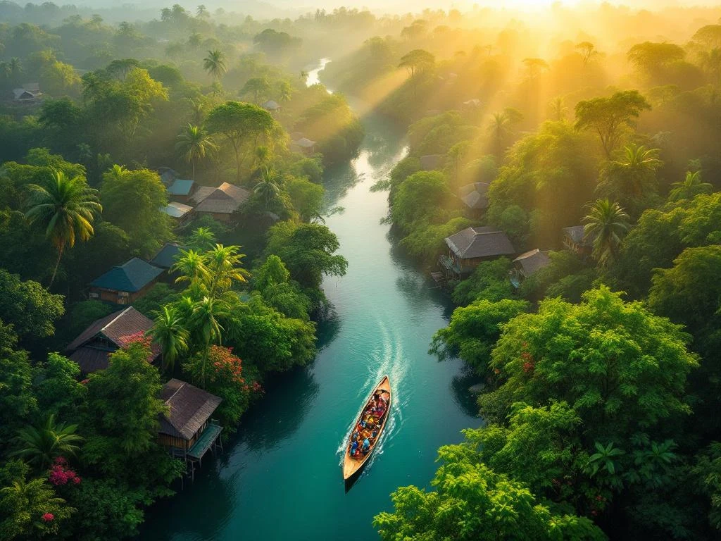 Luchtfoto van Surinaamse regenwoud met rivier, houten boot, traditionele huizen op palen en tropische vogels