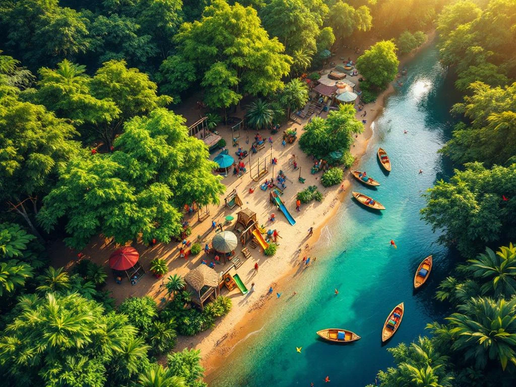 Luchtfoto van Suriname's regenwoud met rivier, traditionele boten en natuurlijke speeltuin tussen tropische bomen