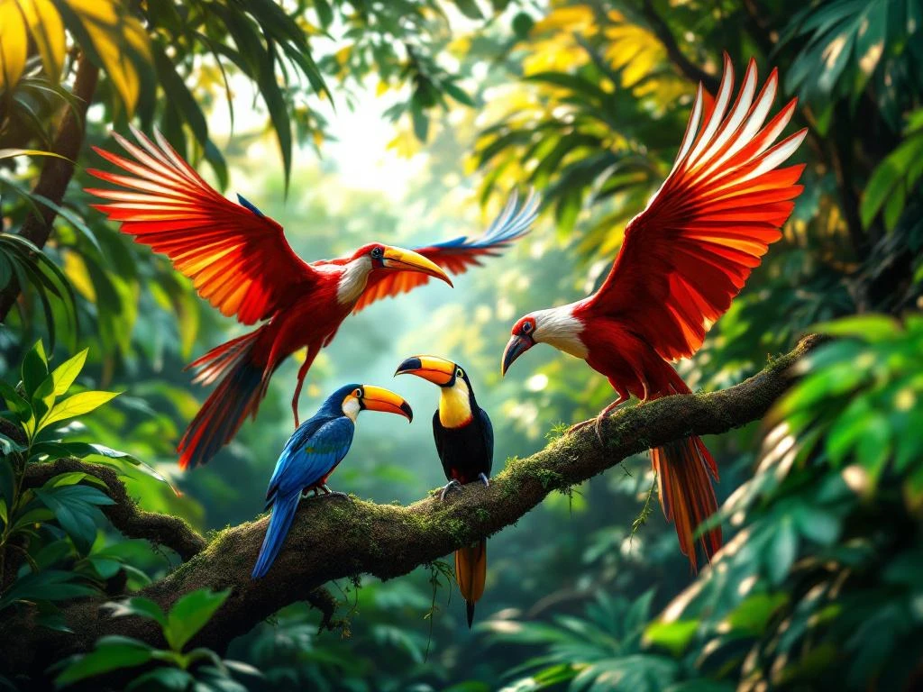 Exotische vogels in Surinaams regenwoud: rode ibis, toekan en blauw-gouden ara tussen weelderige groene bladerdek