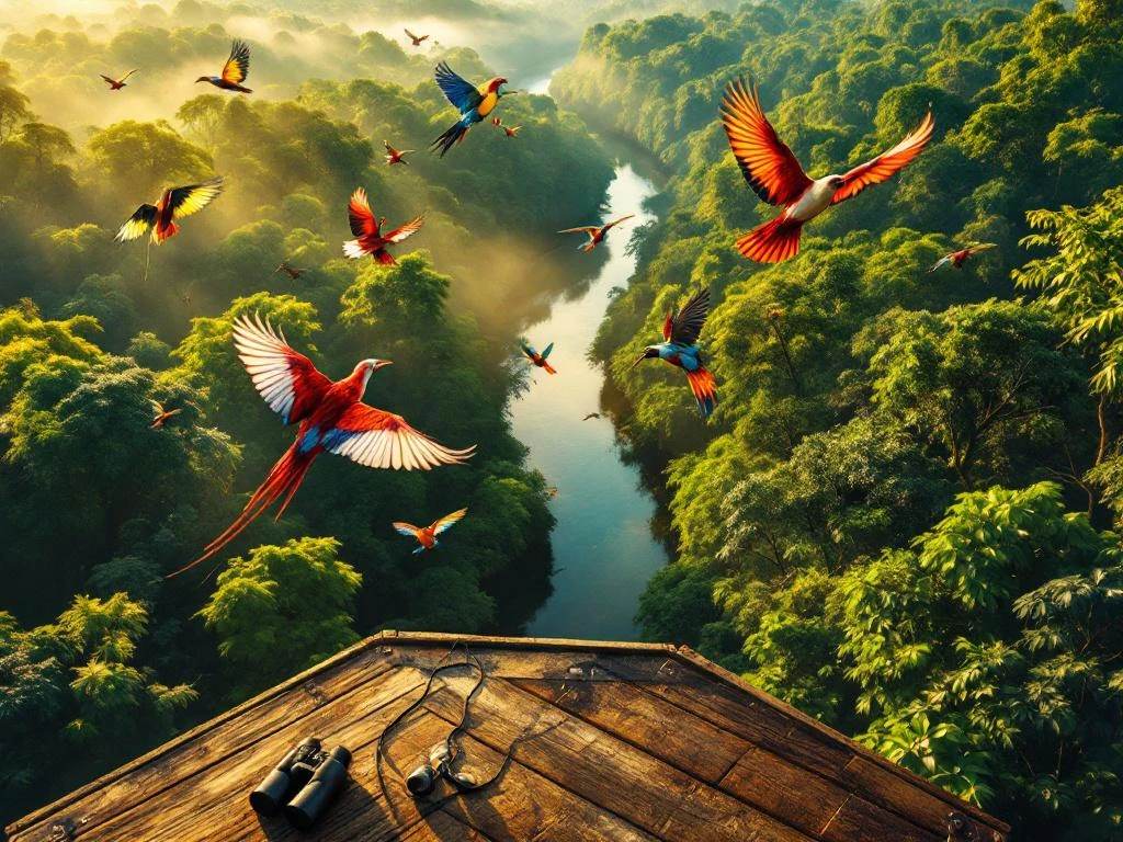 Luchtfoto van Suriname regenwoud met kleurrijke tropische vogels boven groene boomtoppen en kronkelende rivier