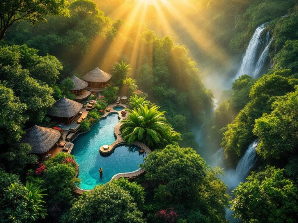 Luchtfoto van luxe eco-wellness resort in Suriname's regenwoud met spa-paviljoens, natuurlijke zwembaden en watervallen