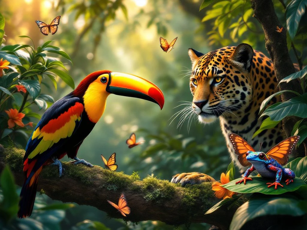 Toekan met oranje veren op tak in Surinaams regenwoud met jaguar, vlinders en gifkikker tussen tropische planten