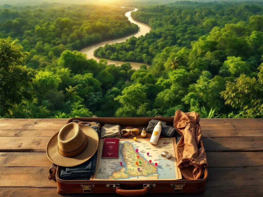 Luchtfoto van Suriname regenwoud met rivier en open vintage koffer vol reisbenodigdheden op houten planken