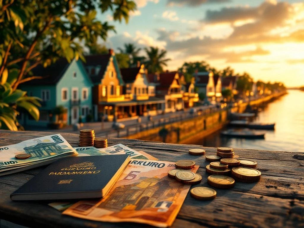 Luchtfoto van kleurrijke koloniale gebouwen Paramaribo langs Suriname rivier met Euro bankbiljetten en Surinaams paspoort