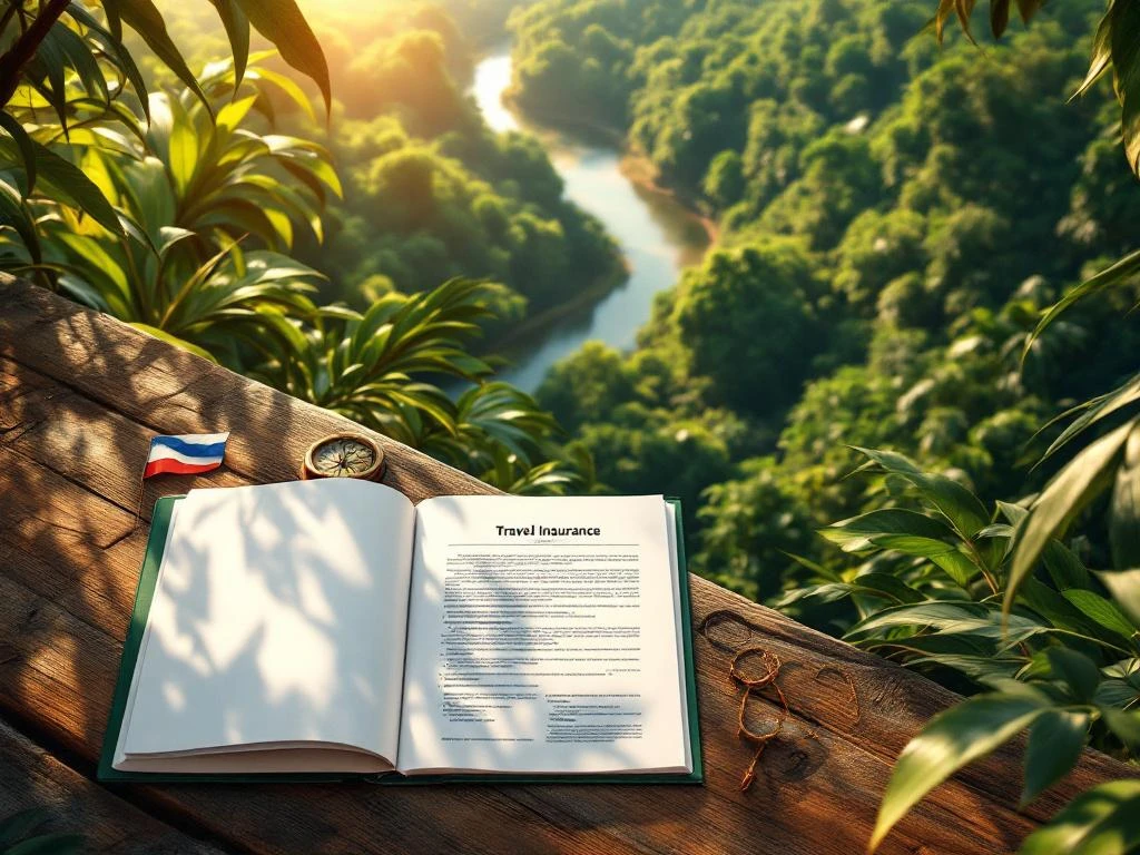Luchtfoto van Suriname regenwoud met rivier, reisverzekeringsdocumenten op houten planken, kompas en vlag