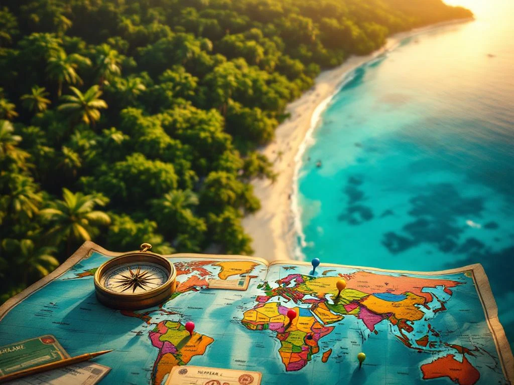 Luchtfoto van Suriname's regenwoud en Caribische kust met kompas, kaart, vliegtickets en paspoort voor reisplanning