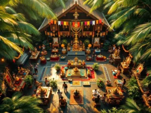 Luchtfoto van kleurrijke multireligieuze ceremonie in tropische binnenplaats Suriname met hindoe, islamitische, christelijke symbolen