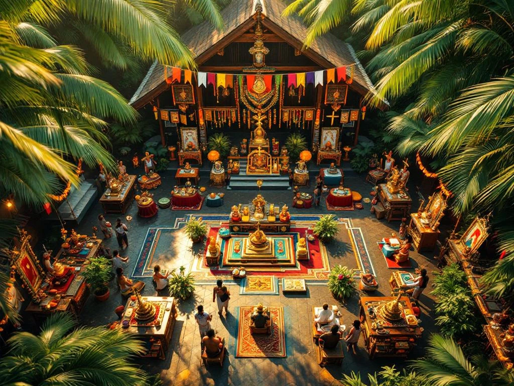 Luchtfoto van kleurrijke multireligieuze ceremonie in tropische binnenplaats Suriname met hindoe, islamitische, christelijke symbolen