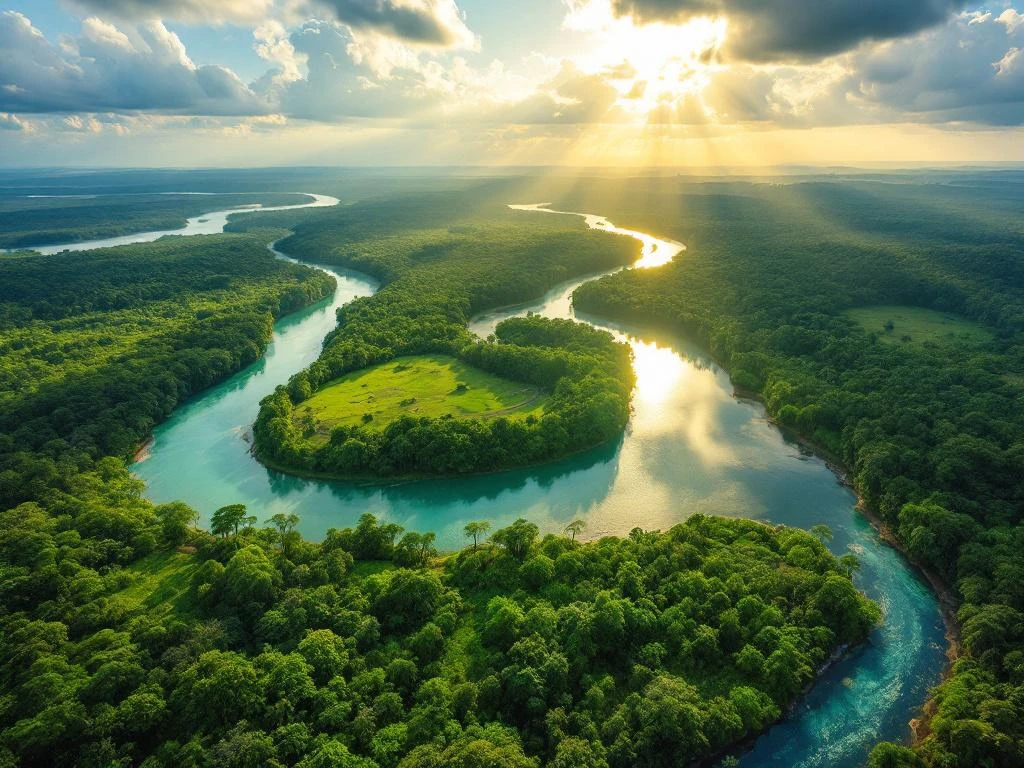 Luchtfoto van kronkelende rivieren door Surinaams regenwoud met turquoise water en weelderige groene jungle