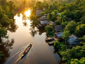 Luchtfoto van traditionele Marron dorpen langs de Surinamerivier met houten huizen op palen en regenwoud
