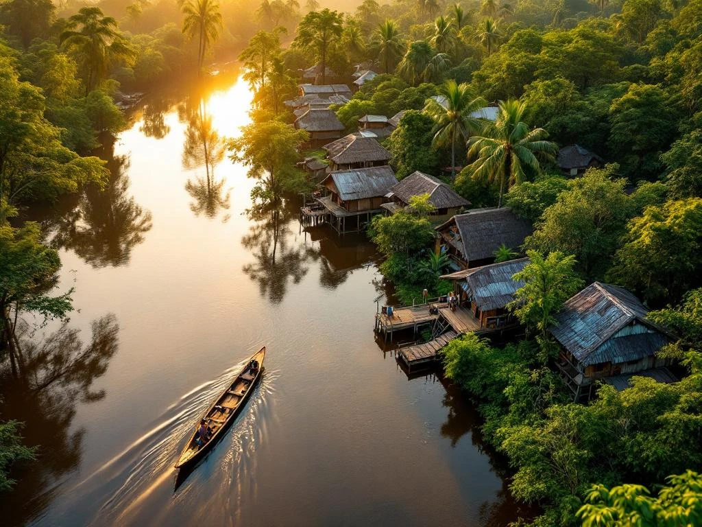 Luchtfoto van traditionele Marron dorpen langs de Surinamerivier met houten huizen op palen en regenwoud