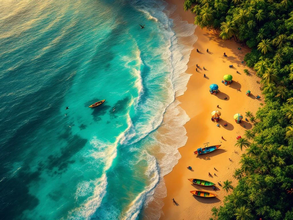 Luchtfoto van Surinaams tropisch strand met regenwoud, turquoise water en kleurrijke houten boten voor gezinsvakantie
