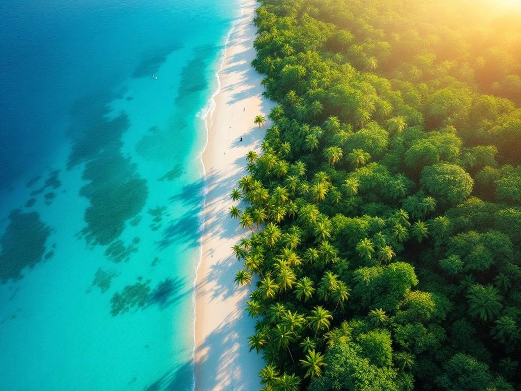 Luchtfoto van Suriname's kustlijn waar turquoise Caribische zee en wit strand overgaan in dicht groen regenwoud